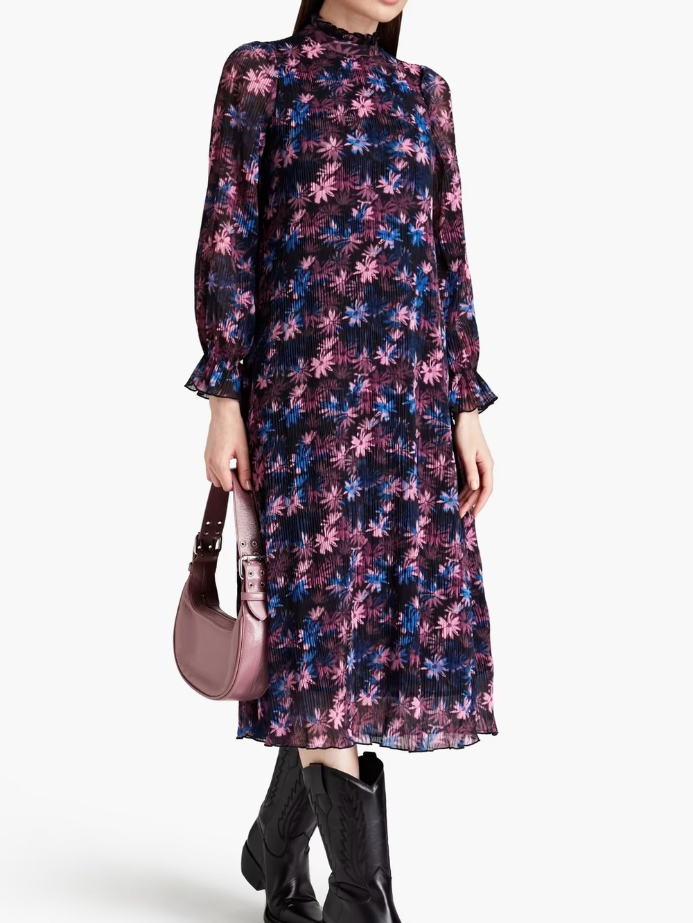Ganni Dress Pleated Georgette Midi Long Sleeve High Neck Floral Sz EU 40 / L